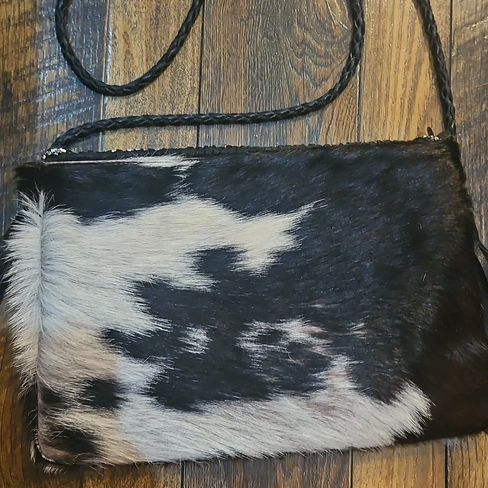 Anthropologie Ibban Calf Hair‎ Leather Black and White Beaded Women's Purse.